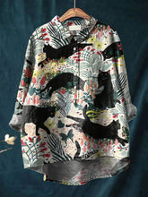 Vintage Lovely Cats Floral Art Print Casual Cotton And Linen Shirt